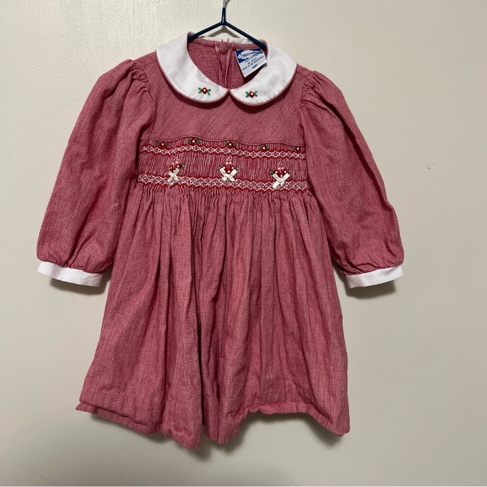 Carriage Boutique Smocked Dress Girls 18 Mths Girl Roses Bow 100% Cotton Tie